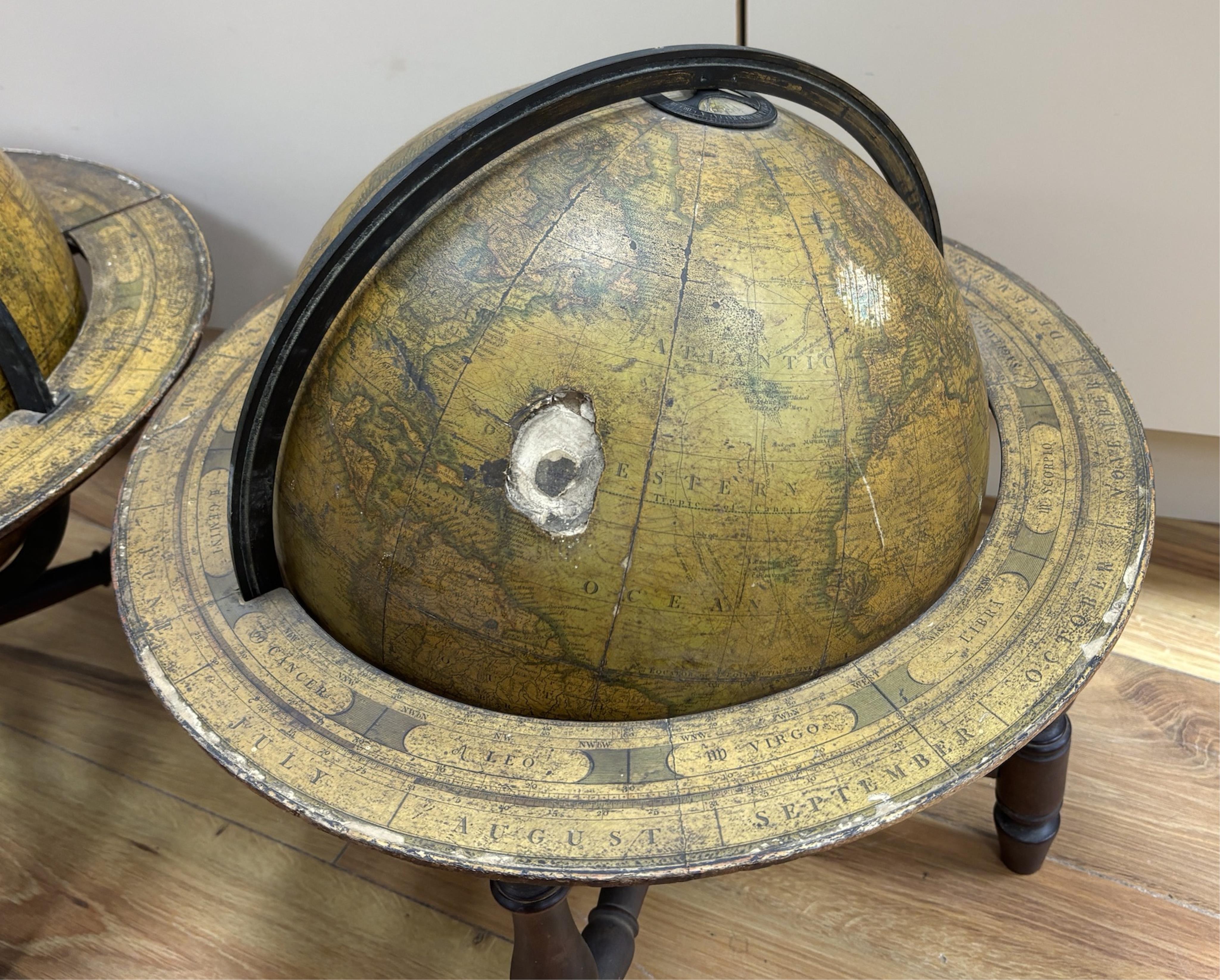 A pair of early to mid-19th century Cary celestial and terrestrial 12 inch globes with associated stands, each globe on a turned mahogany frame with applied paper zodiac and month ring at the equator